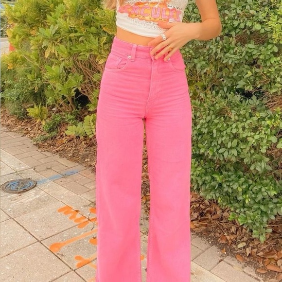 Zara Hi-Rise Wide Leg Pink Full Length Jeans - Picture 4 of 6